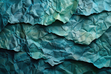  A closeup of crumpled paper texture, with layers and shades in blue-green hues. Created with Ai