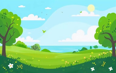 Naklejka premium Flat design of natural spring landscape background vector illustration which is very beautiful