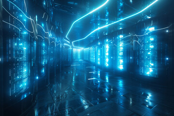 Futuristic server room with the flowing data.
