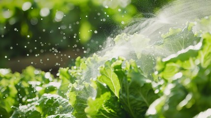 Organic lettuce heads being sprayed with water, close up, freshness maintained, vibrant green 