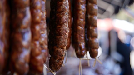 Artisan sausage links hanging at market booth, close up, focus on details and quality  - Powered by Adobe