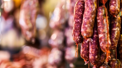 Artisan sausage links hanging at market booth, close up, focus on details and quality  - Powered by Adobe