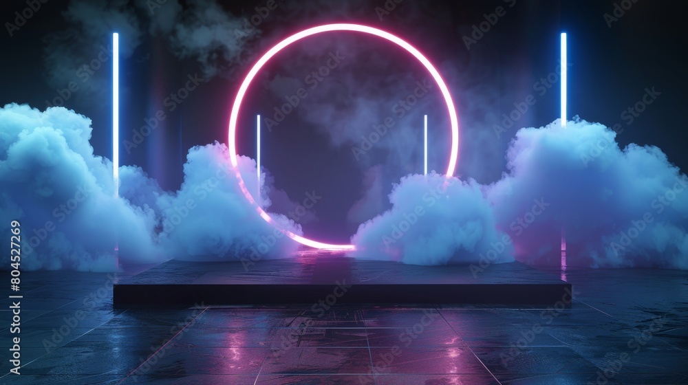 Poster Three-dimensional rendering of futuristic black and white stage with glowing neon circle shapes and clouds.