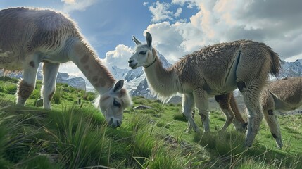 Fototapeta premium Llamas grazing in mountain pasture, close up, soft fur and curious eyes, high altitude setting 