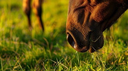 Horse grazing, close up on muzzle and grass, detailed texture, tranquil pasture, golden hour 
