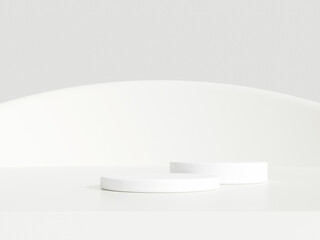 Abstract white 3D room with realistic white cylinder pedestal podium set. Minimal scene for product display presentation. 3D rendering geometric platform. Stage for showcase.