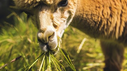 Fototapeta premium Alpaca chewing grass, close up, detailed focus on fluffy face and grass, peaceful farm scene 