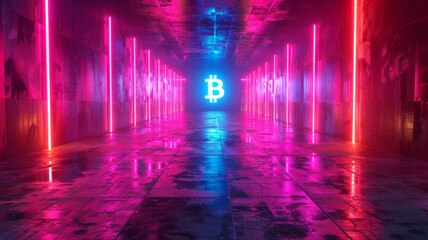 Obraz premium Cryptocurrency technology network neon laser light. Cryptocurrency digital currency concept.generative ai