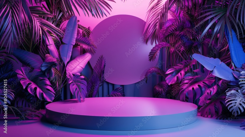 Sticker Fashion podium backdrop with neon lights and tropical leaves. A 3D rendering.