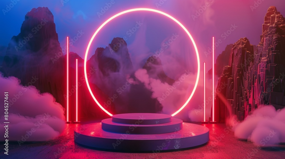 Fototapete Three-dimensional rendering of a Chinese background with a podium and neon lights for displaying products.