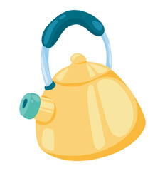 Yellow kettle in flat design. Metallic teapot, domestic kitchenware utensil. Vector illustration isolated.