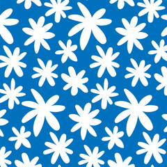 Bright seamless pattern with daisies. Minimalistic texture with white chamomile buds on a blue background. Print for decoration and printing.