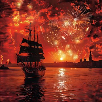 pirate ship at sea, fireworks in the red sky above, against the background of an ancient city with buildings