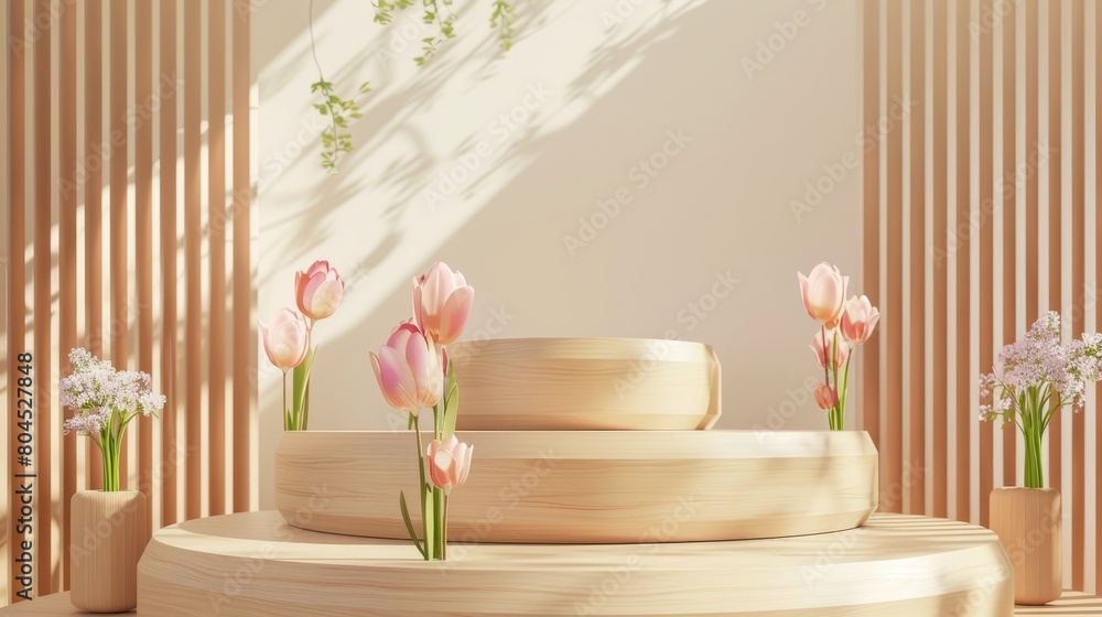 Poster product presentation podium backdrop with spring flowers. 3d rendering.