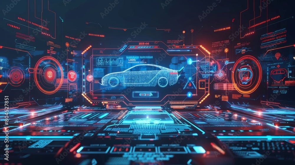 Aufkleber in a hud-style ui, holograms depict futuristic car technology. data analysis, scanning, and a virtua