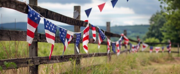 Red, white, and blue bunting draped across fences , professional photography and light