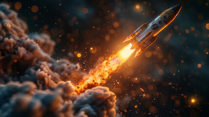 Businessman-controlled rocket is launching and soaring from hand into the sky for growing business,generative ai