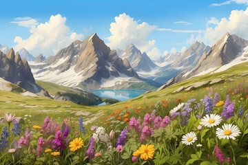 Idyllic mountain scene showing a calm lake surrounded by sharp peaks and colorful wildflowers under fluffy clouds Signifies peace and natural harmony
