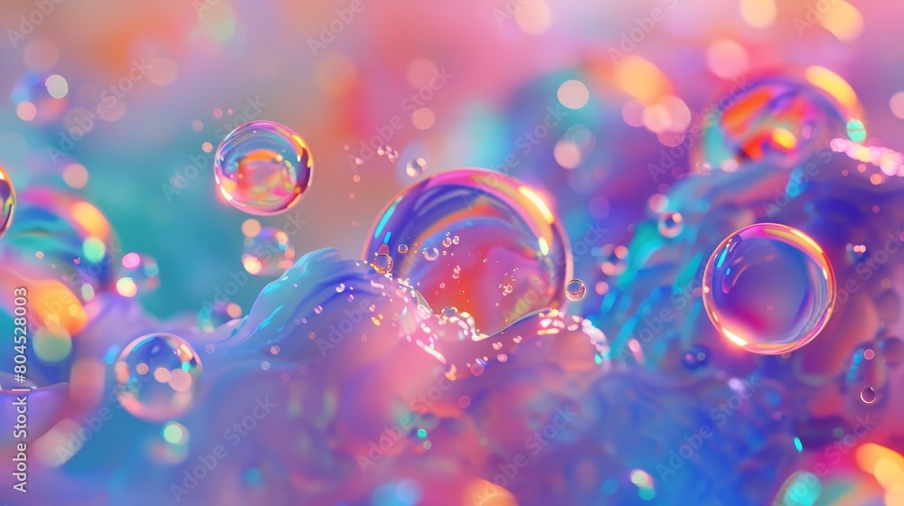 Poster a 3d art background of floating liquid blobs and soap bubbles.