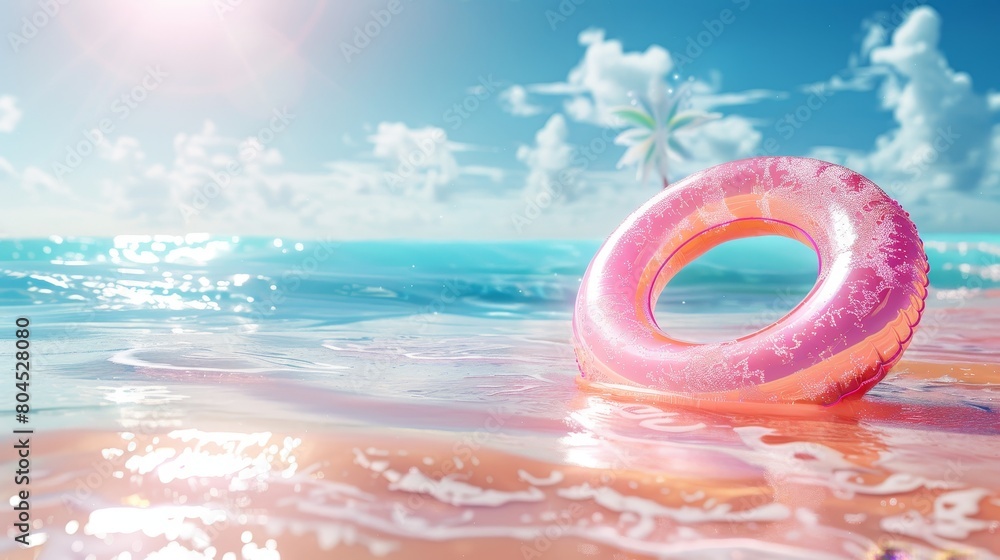 Poster a summer beach scene with holographic inflatable rings floating in the water. 3d rendering.
