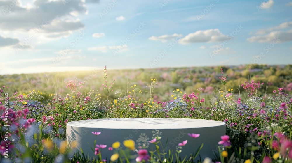 Poster three-dimensional rendering of natural beauty podium backdrop with spring flower fields...