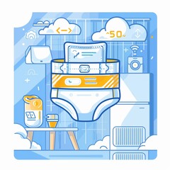 Smart diaper technology with humidity sensors and health alerts, illustrated in clean vector lines