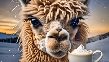 crazy angry alpaca drink a cup of coffee upset that there is sugar in it. Who put that much sugar...