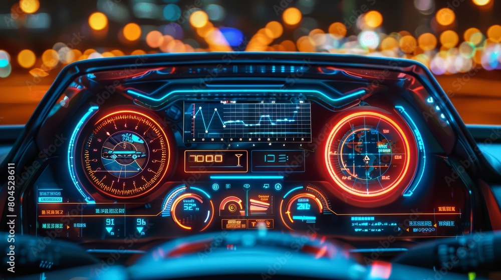 Poster A smart car interface on the HUD. Electronic digital scoreboard with network settings for a passenger vehicle.