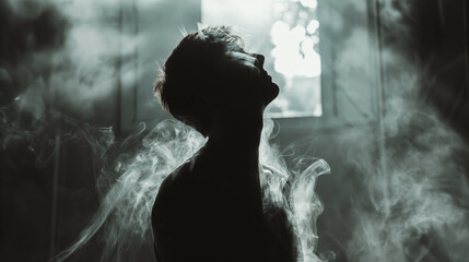 Mysterious silhouette of a man enveloped in thick mist, with a backlight creating a dramatic and moody atmosphere.