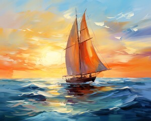 A beautiful painting of a sailboat at sea