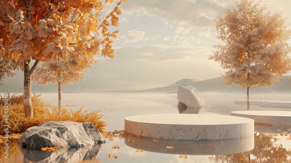Poster Three-dimensional rendering of an abstract autumn landscape with a podium for displaying products.