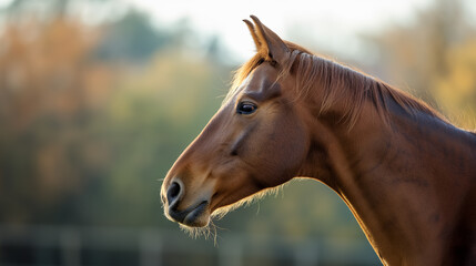 Elegant profile of a horse captured in golden light, highlighting its sleek coat and calm expression, set against a natural autumn background.