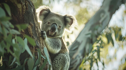 Fototapeta premium A koala bear sitting on a eucalyptus tree branch