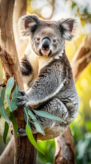 Fototapeta premium A koala bear sitting on a eucalyptus tree branch