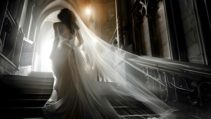 Eerie female ghost in a wedding dress haunting an ancient gothic castle. Concept Gothic Castle, Haunting, Eerie Ghost, Female Spirit, Wedding Dress - obrazy, fototapety, plakaty