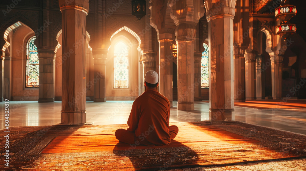 Wall mural A man in Islamic clothing praying in mosque