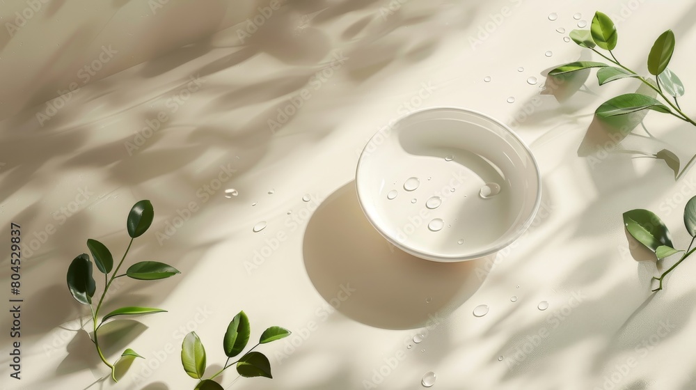 Poster An artificial water droplet on a floor with foliage shadows is used as a background for displaying products. Top view. Flat lay.