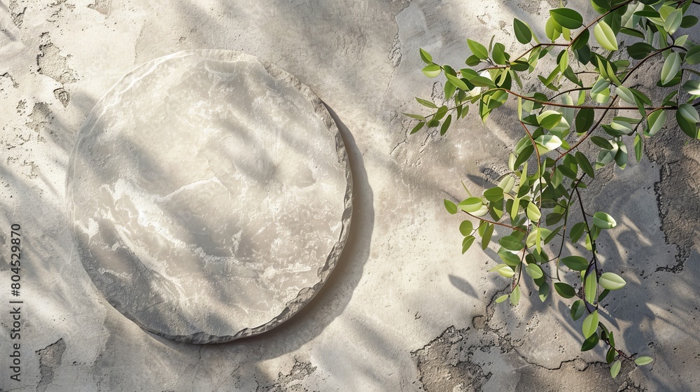 Poster display of natural stone plate with foliage shadow background. flat lay. top view. 3d rendering.