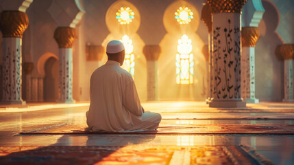 A man in Islamic clothing praying in mosque