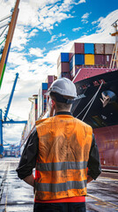 A shipyard worker looking at a docked container ship