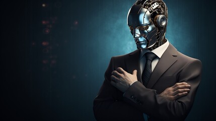 Digital drawing representing a cyber worker, cyborg employee in suit, businessman, seller or politician, an android with human shape but metal face mask, his hands covered with artificial skin