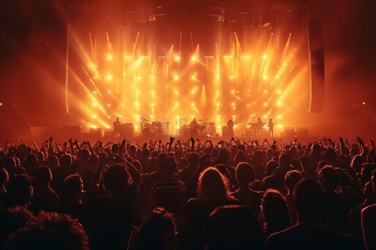 A vibrant image capturing the excitement of a live concert with an energetic crowd and dynamic stage lighting