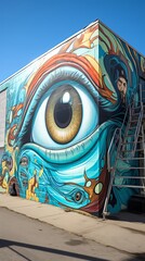 A mural of an eye with a brown iris and blue sclera. The eye is surrounded by colorful abstract shapes and a man with a beard.