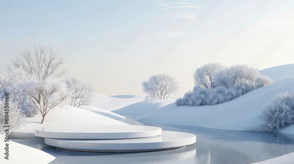 Poster The image depicts an abstract winter landscape with a podium for product display. The scene has been rendered in 3D.