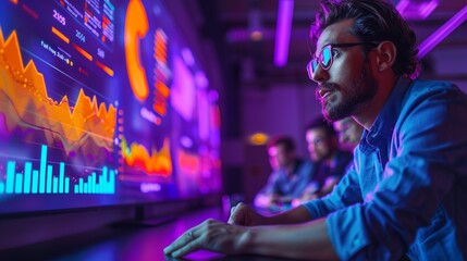 Focused Businessman Analyzing Data Trends on Digital Display in High-Tech Office Environment