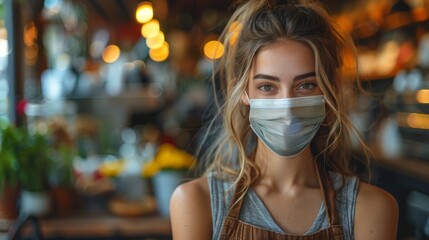 Young Female Coffee Shop Owner Smiling Behind Mask, Warm Indoor Setting