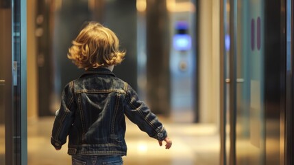 A young boy wearing a jacket walking along a hallway with a focused expression on his face.