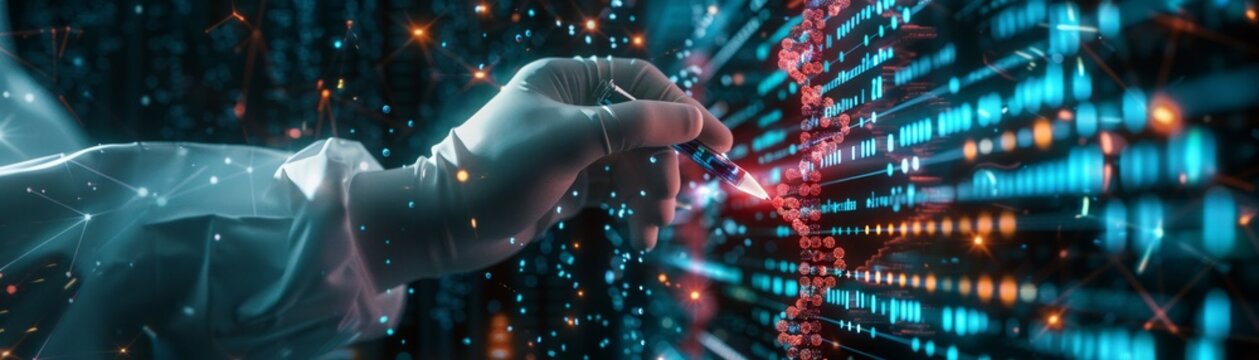 Genetic engineer editing animal DNA on a digital interface, neon accents, cuttingedge lab