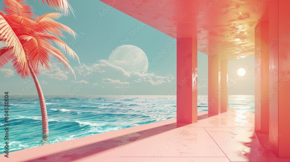 Poster An abstract summer landscape scene with geometric forms, spanning from the ocean to the beach. A 3d rendering.....
