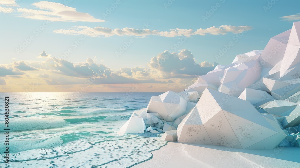 Leinwandbilder An abstract summer landscape scene with geometric forms. Beach scene on the ocean in 3D...